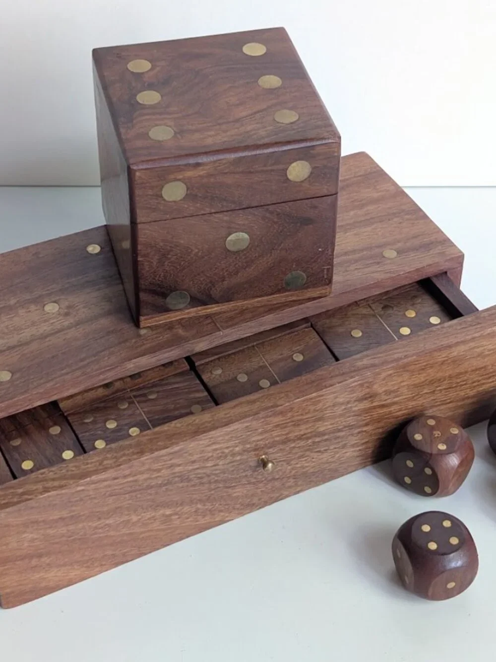 West Elm Handcrafted Brass Inlay Wooden Dice & Storage Box